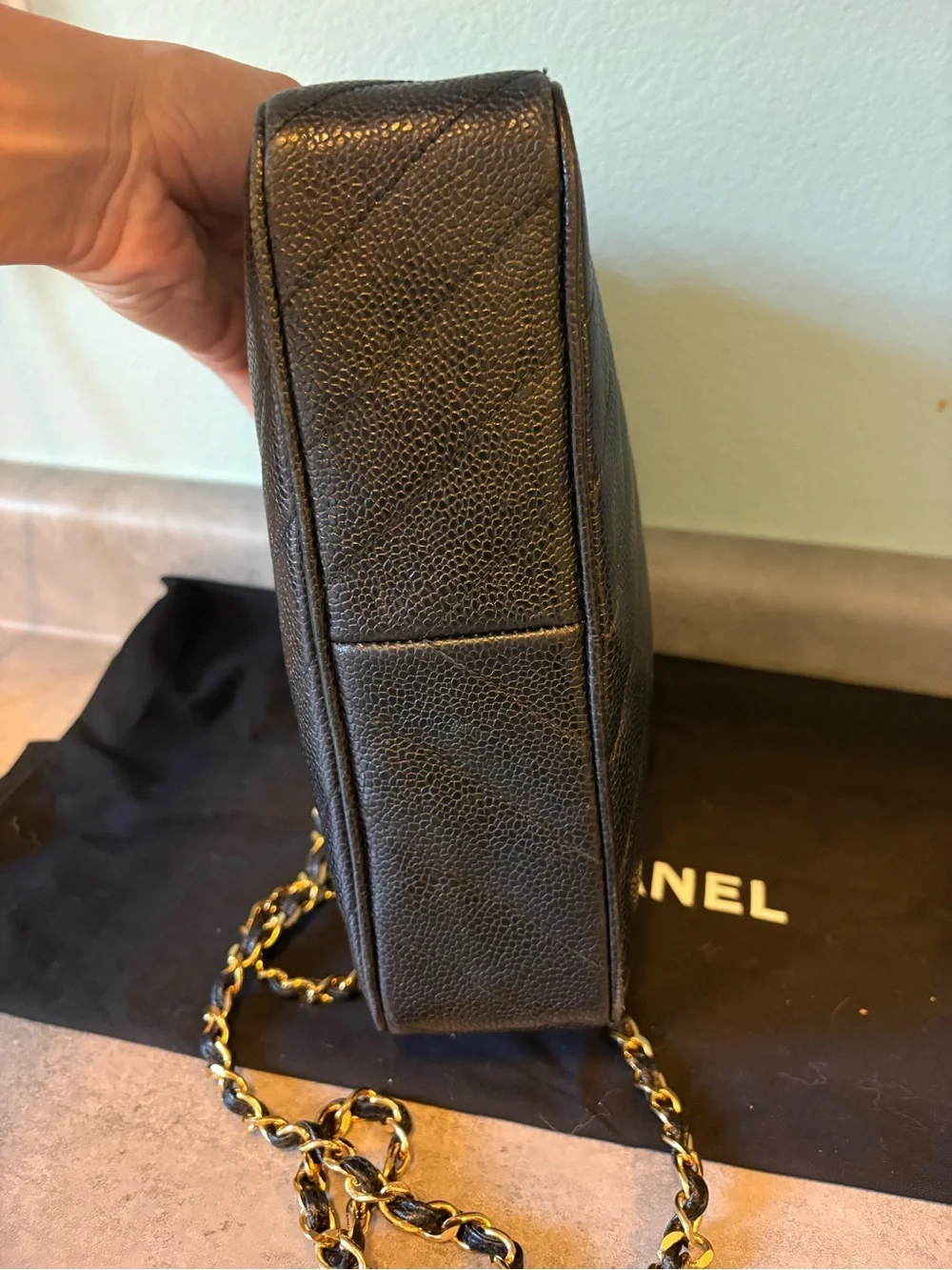 Vintage Chanel Black Quilted Caviar Leather Camera Bag with Gold Chain